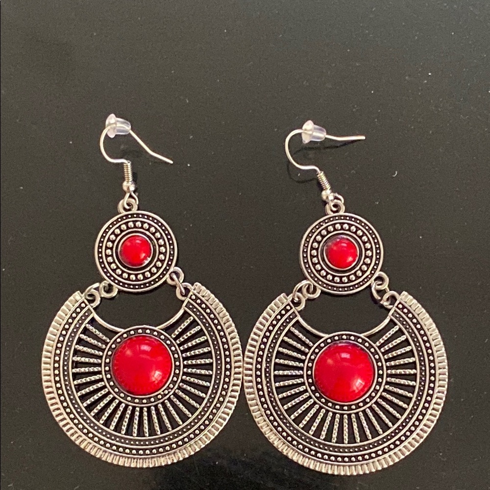 Silver and Red Dangle Paparazzi earrings